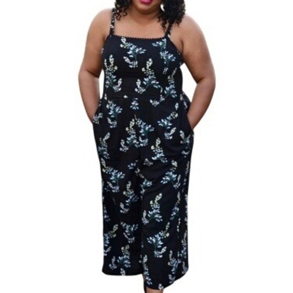 LOFT Women's 24 Black Blue Floral Sleeveless Wide Leg‎ Jumpsuit Smocked Pockets